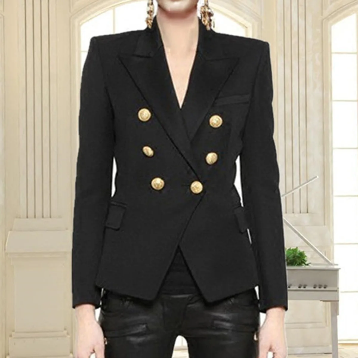 

Double-breasted Blazer With Metal Buttons, Slim Fit, Stylish For Workplace And Commuting