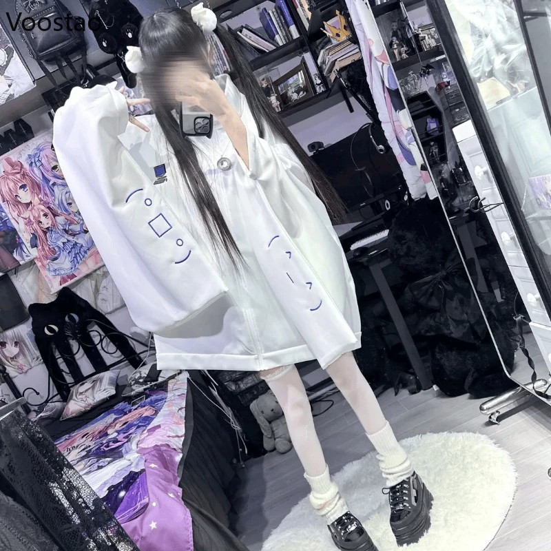 Japanese Kawaii White Hoodies Women Y2k Aesthetic Oversized Embroidery Jacket Harajuku Zipper Grunge Loose Sweatshirts Autumn