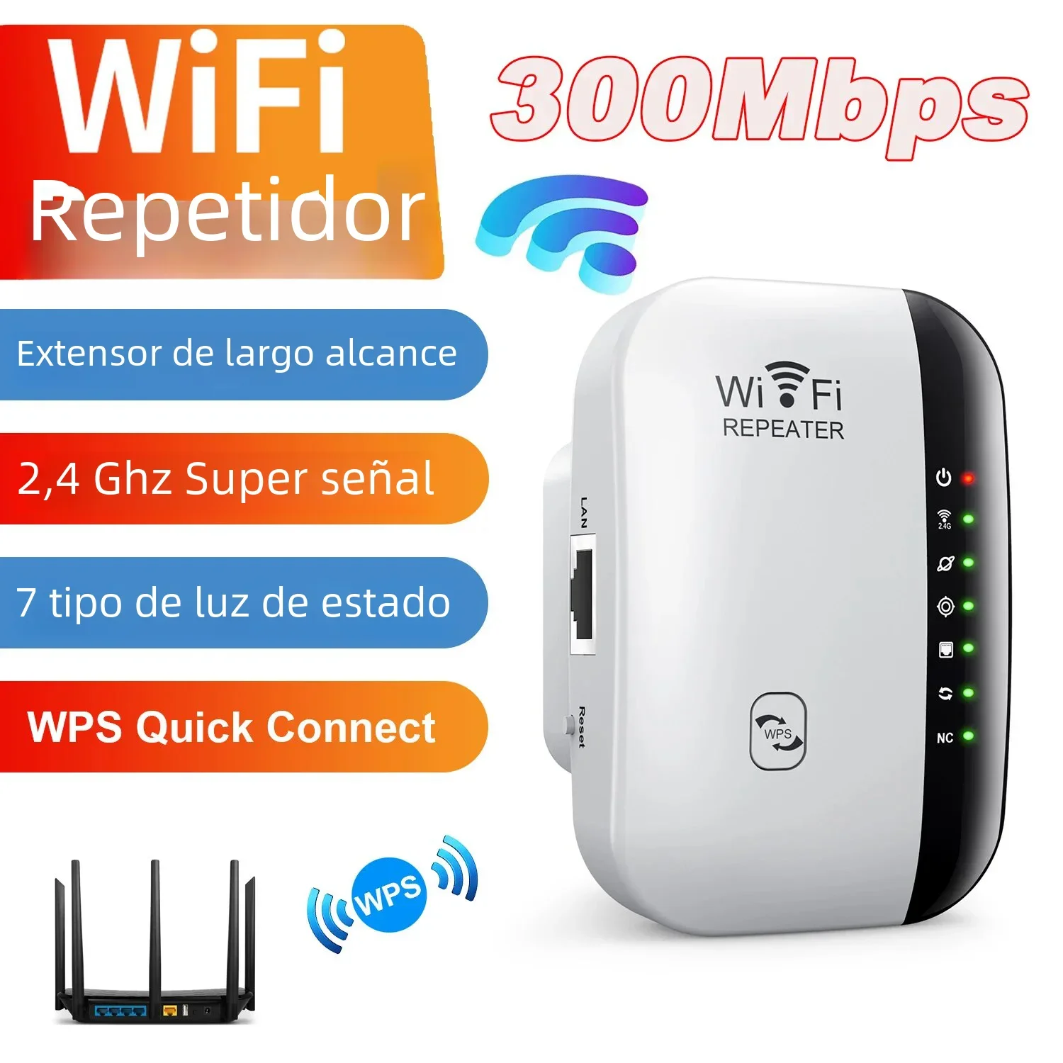 Repetidor WiFi inalámbrico 300Mbps extensor WiFi amplificador enrutador 802.11N WPS de largo alcance 7 luz de estado repetidor WiFi para PC