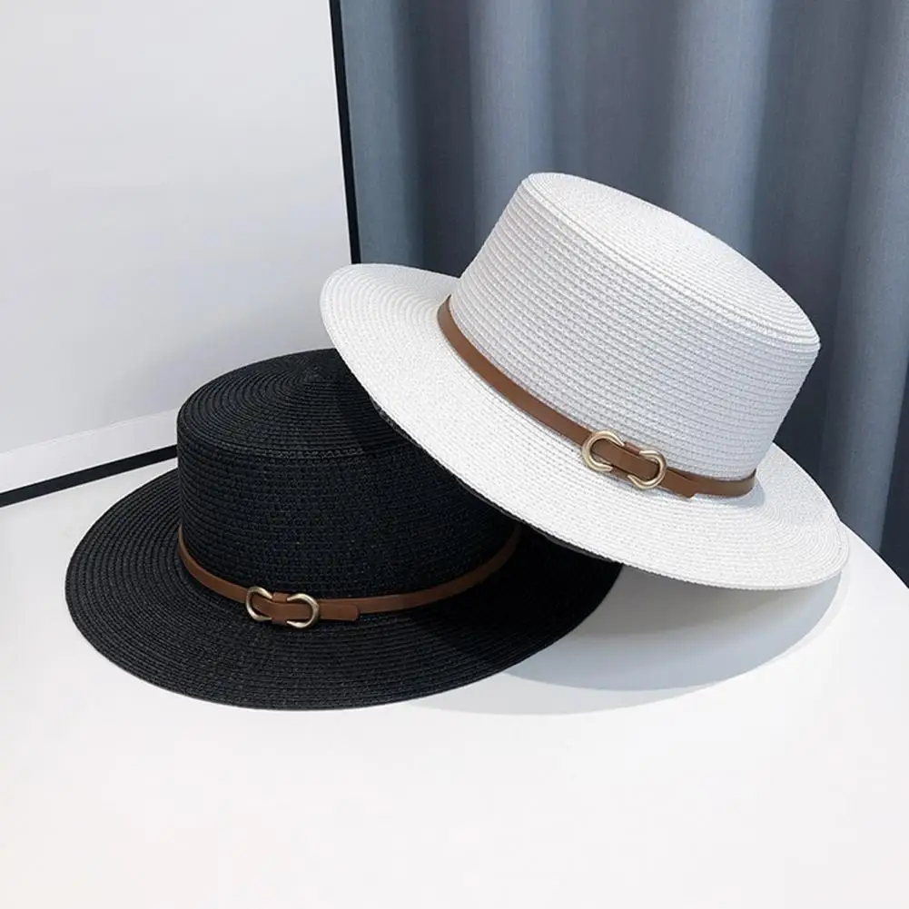 

Retro Style Panama Hat Women Men Faux Leather Buckle Straw Sun Hat French Style Flat-Top Style Wide Brim Fedora Beach Hat 90