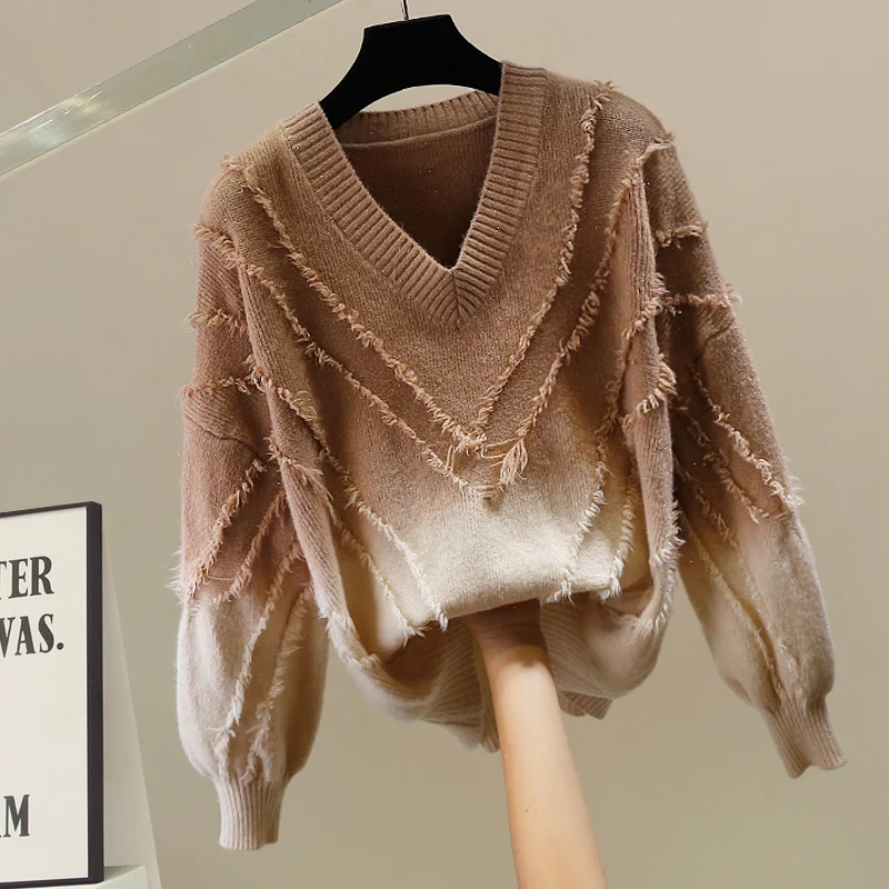 

Korean Sle adient Color Tassel Decorated Knitted Sweater Loose Long Sve Faionable Versatile Autumn Winter Warmth V-N...