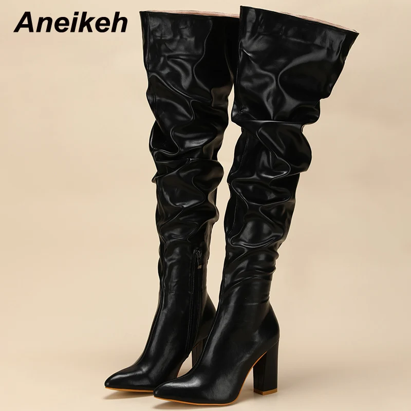 Aneikeh New Design White Pleated Leather Over The Knee Boots Fashion Runway Thick High Heels Sexy Pointed Toe Zip Womans Shoes