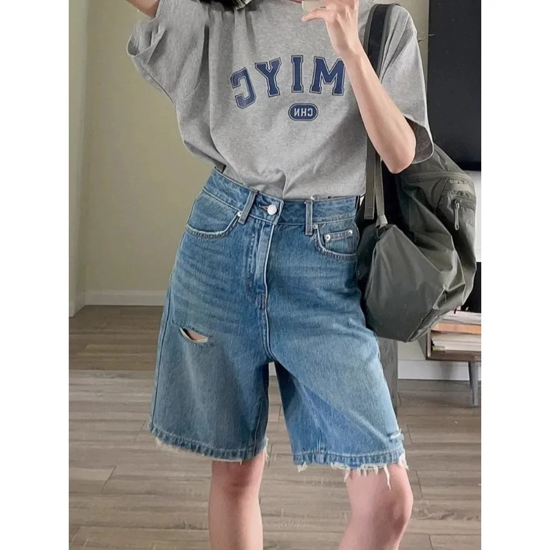 High Waist Loose Fit Short Jeans Women's Five-Quarter Thin Summer Wide Leg Pants Casual Straight Cut Cotton Denim Skinnies