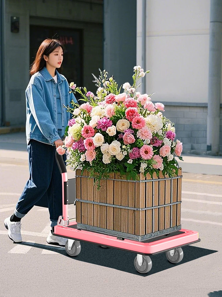 Pink trolley to pull goods, light hand push truck, flat folding trolley