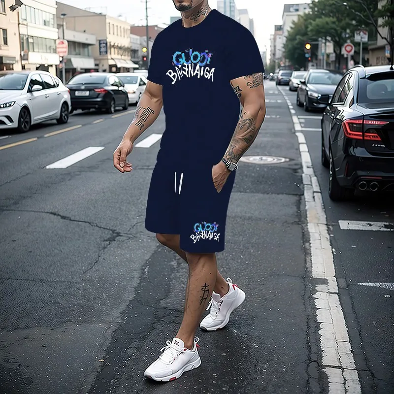 

Summer new round neck short sleeved T-shirt and shorts men's 2-piece set 3D casual street basketball sportswear