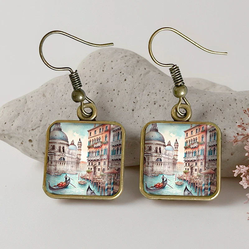2025 nuevo pendiente cuadrado de la ciudad del agua de Venecia pendientes colgantes de cristal Retro regalo de joyería hecho a mano