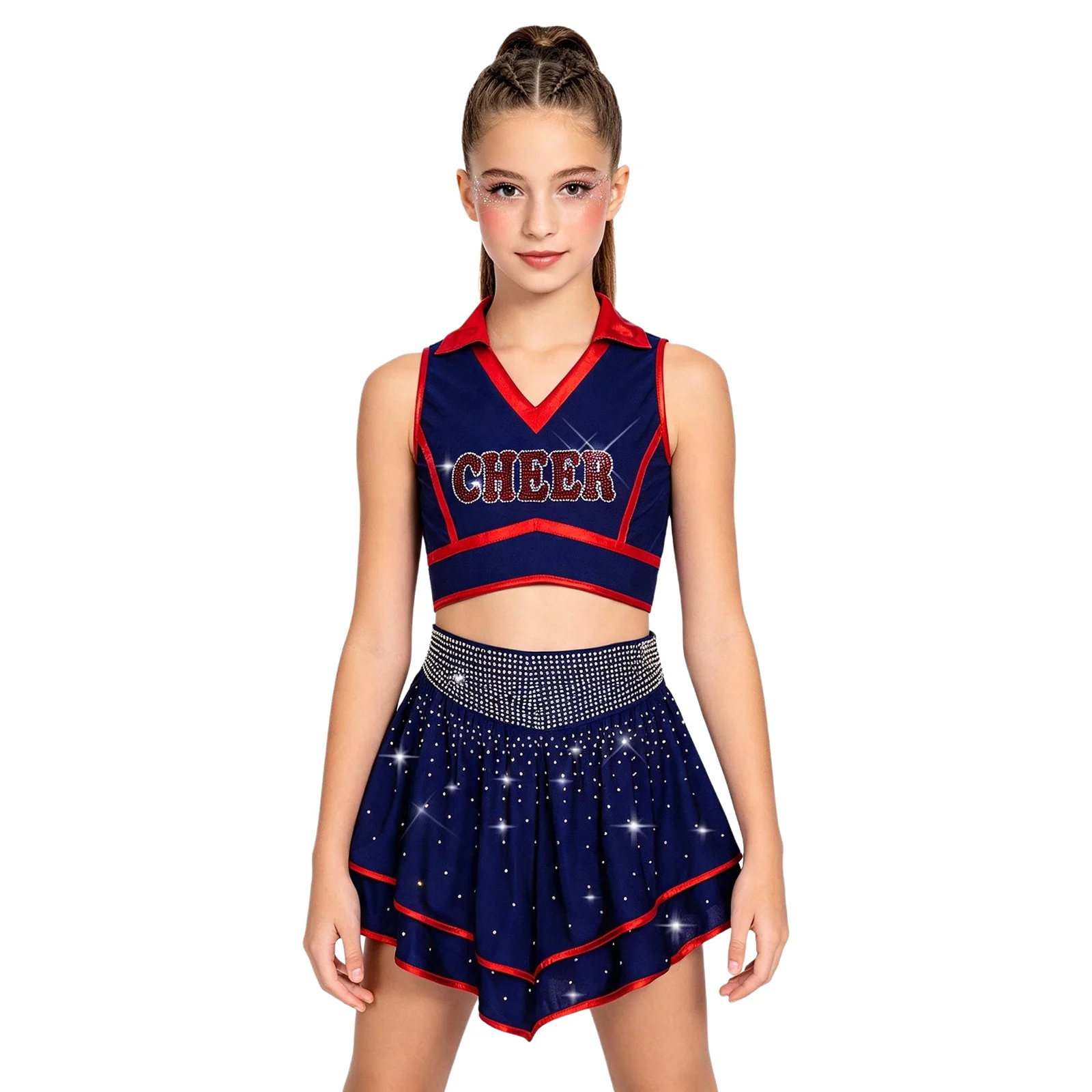 Cheerleader Costume for Girls Rhinestone Cheerleading Uniform V-neck Sleeveless Crop Top with Ruffled Skirt Halloween Cosplay