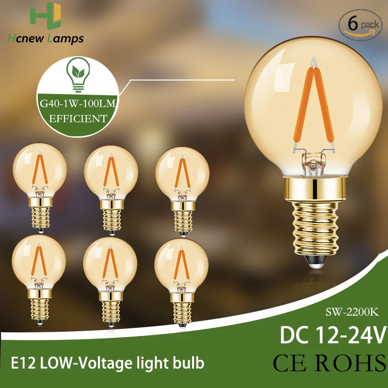 6pcs Vintage Low Voltages DC12V G40 Led Bulbs 1W Edison LED Globe Bulb Warm White 2700K E12 Led Light Bulbs for Outdoor Lighting