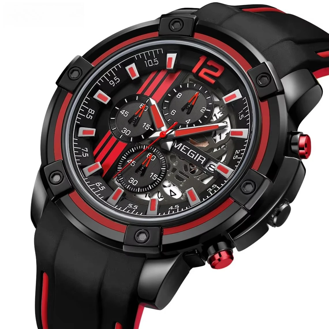 

MEGIR 2097 Luxury Sport Quartz Watch For Men Waterproof Chronograph Silicone Band Big Dial Fashionable Reloj Hombre For Business