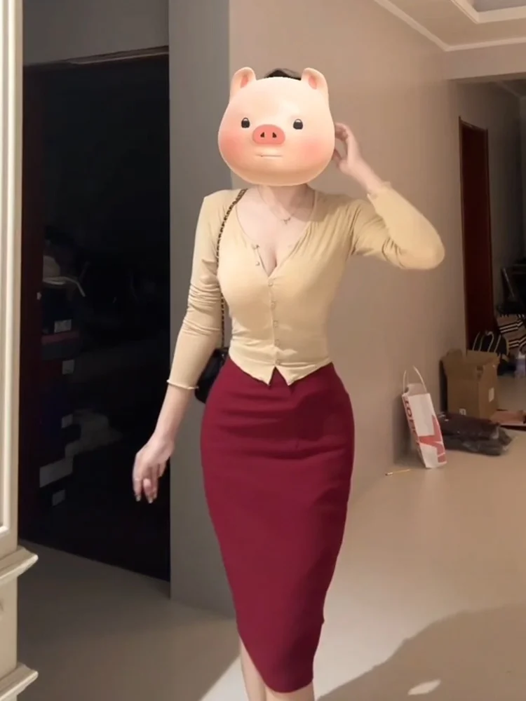 

XZY Chic V-Ne Open Cardigan Top And Bodycon Skirt Set for plus Size Women Autumn High Waist Korean Sle Faion Ensemble