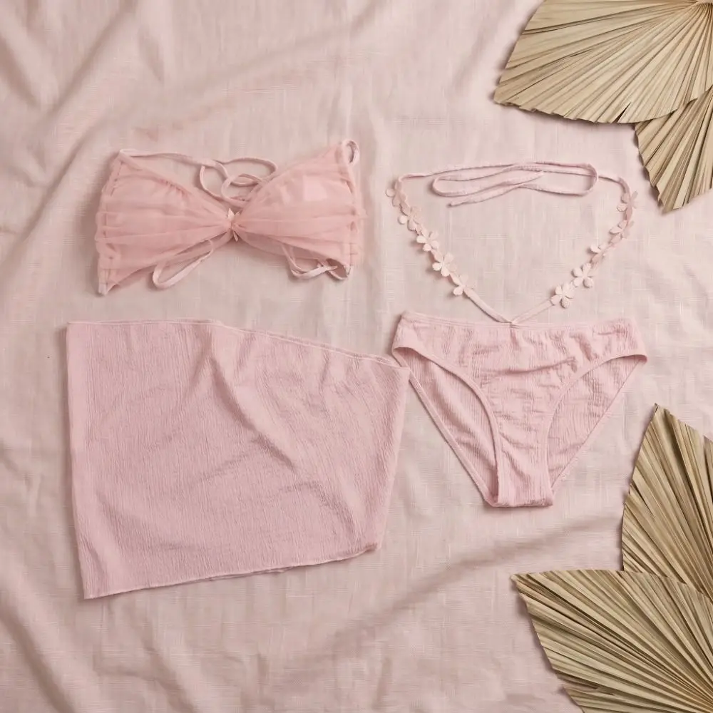 New Sleeveless Bikini Set Slim Fit Deep-V Swimwear Set Mesh Beachwear Clothing Bathing Suit Swim