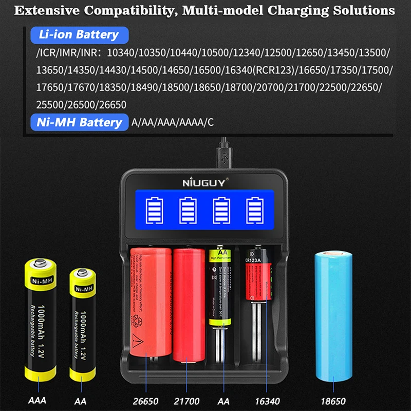 18650 battery Charger Lcd display Intelligent Circuitry USB type-c for 26650 21700 18350 16340 AA AAA C lithium NiMH battery