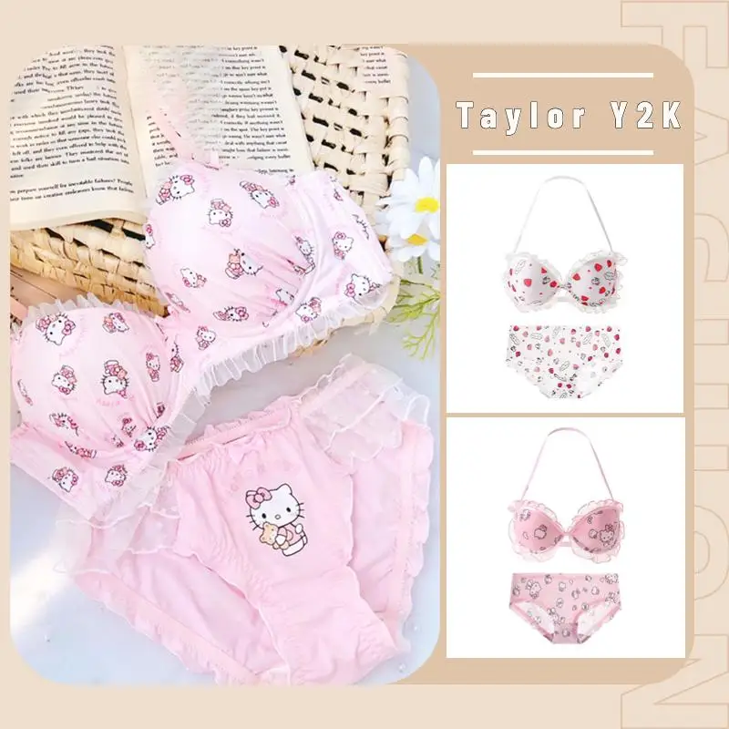 Sanrio Hello Kitty Pants Anime Figure Y2K Sweet Girl Pink Underwear Fashion Kawaii Small Chest Gathering Bra Without Steel Ring