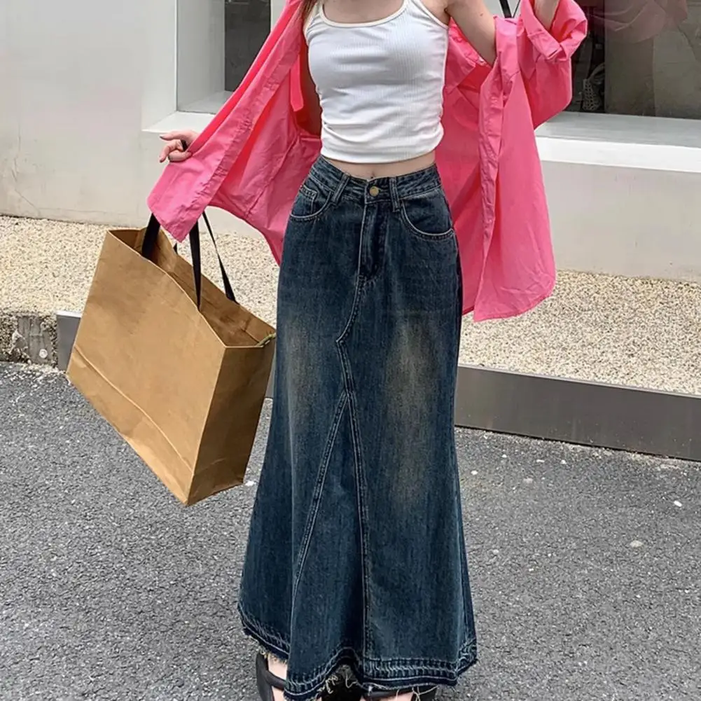 

Zipper Half-opening Denim Skirt Retro Denim Maxi Skirt with A-line Silhouette High Waist Ripped Edge Women's Ankle Length Solid