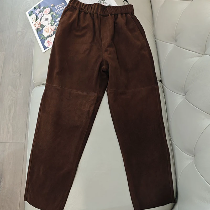 Brown Kid Suede Pants for Women Vintage Genuine Leather Harem Korean Fashion High Waist Elastic Loose Casual Trousers Spring