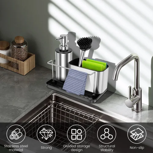 Imagen 2 del producto Juego de bomba dispensadora de jabón 3 en 1 con cepillo, soporte para esponja, toallero, fregadero de cocina, dispensador de detergente, almacenamiento de herramientas de limpieza