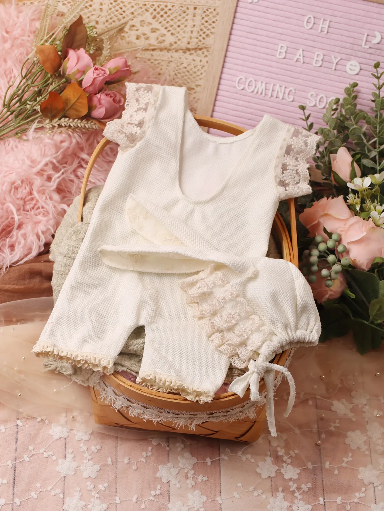 Ylsteed Newborn Easter Photography Outfits Lace Trim Rabbit Ears Hat Baby Boy Girl Photo Shooting  Jumpsuit Short Sleeve Romper