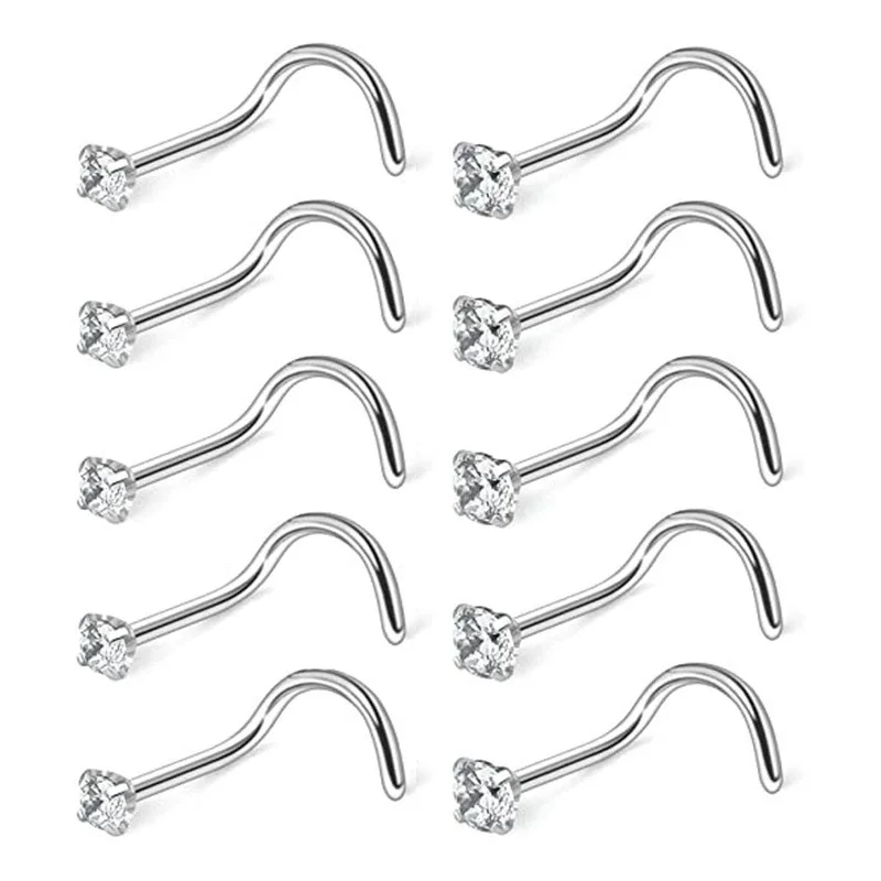 10 Pcs/Lot 1.2/2/2.5/3MM CZ Zircon Nose Studs Stainless Steel Screw I L Shaped Bone for Woman Man Body Piercing Jewelry 20G