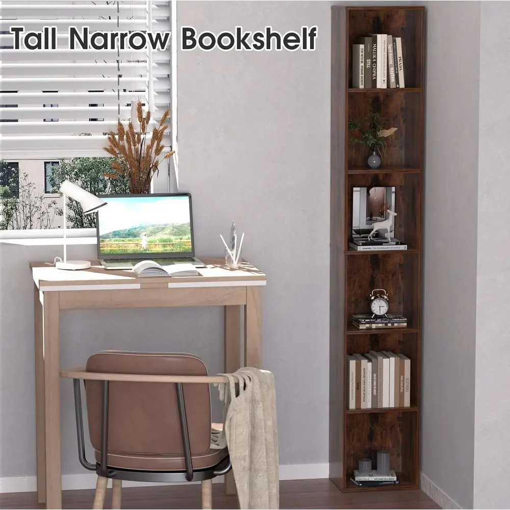 رف كتب ضيق طويل القامة مكون من 6 طبقات، رف زاوية رفيع ونحيف مقاس 70.5 بوصة، خزانة تخزين رفيعة، برج منظم مكعب للوسائط DVD الخشبي