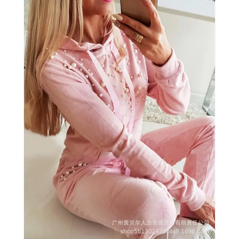 2024 New Women\'s Clothing Pink Bubble Beads Decorative Hooded Sweater Pullover Sweatpants Trousers Casual Suit 2-Piece Set