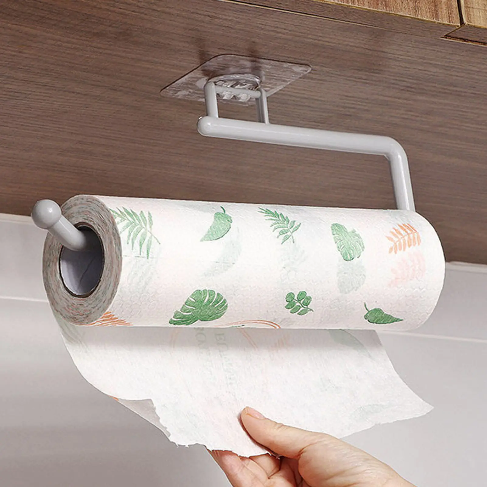 Housewife Paper Towel Holder Adjustable Wall Mount Organizer for Kitchen Storage No Drill Adhesive ABS Plastic Rack Gray