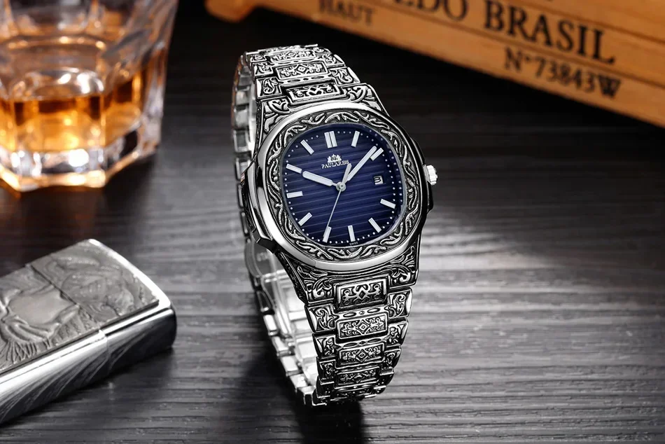 Luxury Carved Antique Vintage Luminous Rose Gold Silver Gradient Blue Grey Coffe Fashion Quartz Men watch Reloj Hombre Baratos