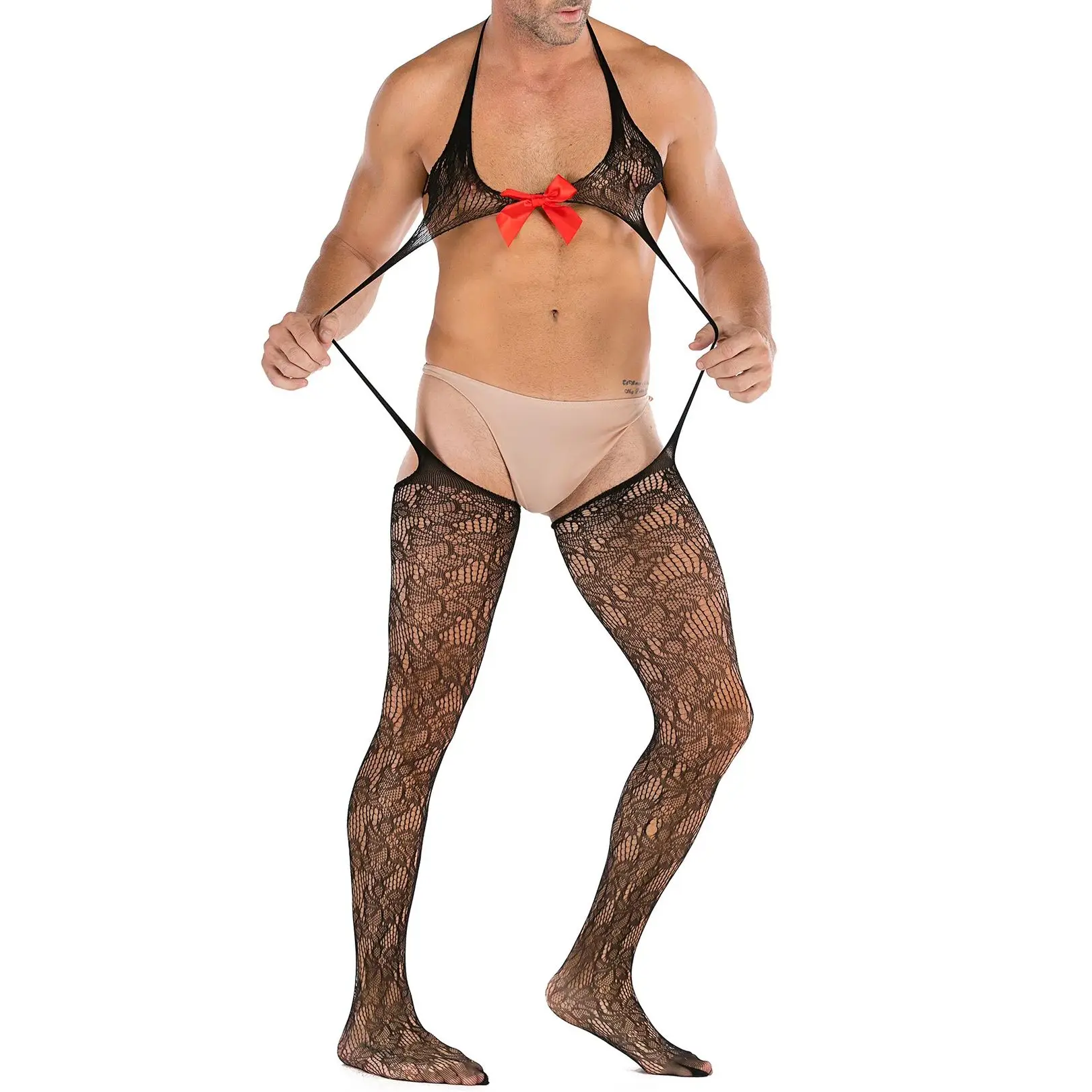 

Мужское кружевное сексуальное чувственное нижнее белье с открытой задницей, комбинезон для геев, эротическое белье, галстук-бабочка, прозрачный комбинезон, регулируемый