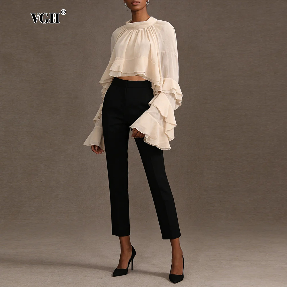 

Новые женские блузки VGH свободного кроя в пляжном стиле с воротником-стойкой, длинным рукавом, летний дизайн, с рюшами