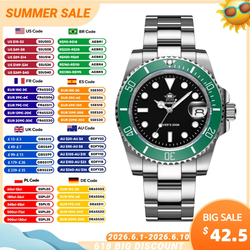 

ADDIESDIVE 41mm Men's Diver Quartz Watch Domed Glass Ceramic Bezel Wristwatch Waterproof 200m Super Luminous Stainless Watches