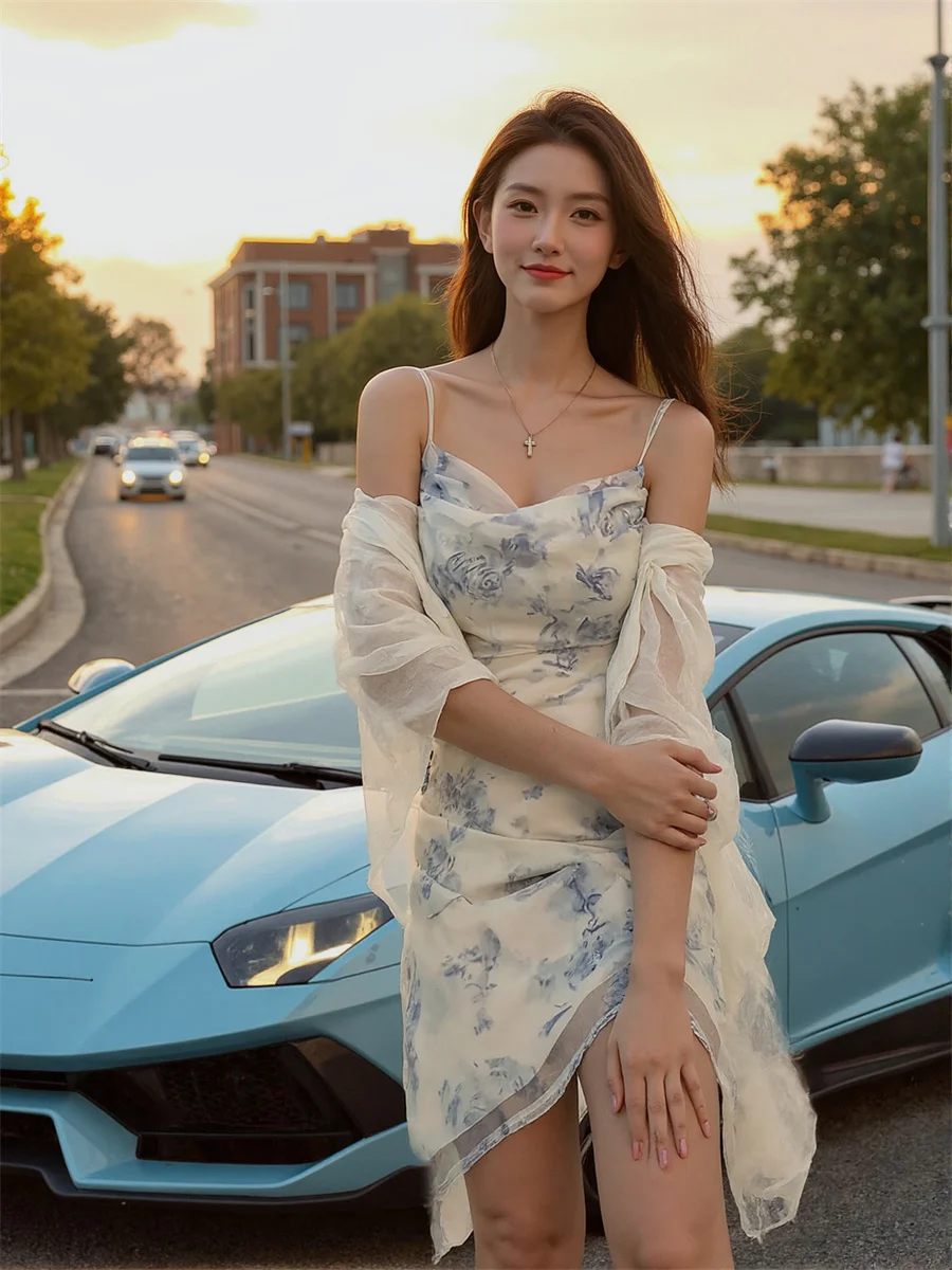 Mini robes florales en mousseline de soie bleu ciel pour femmes, Double couche, Patchwork, haut évasé, artistique, légère, Unique, Chic, été