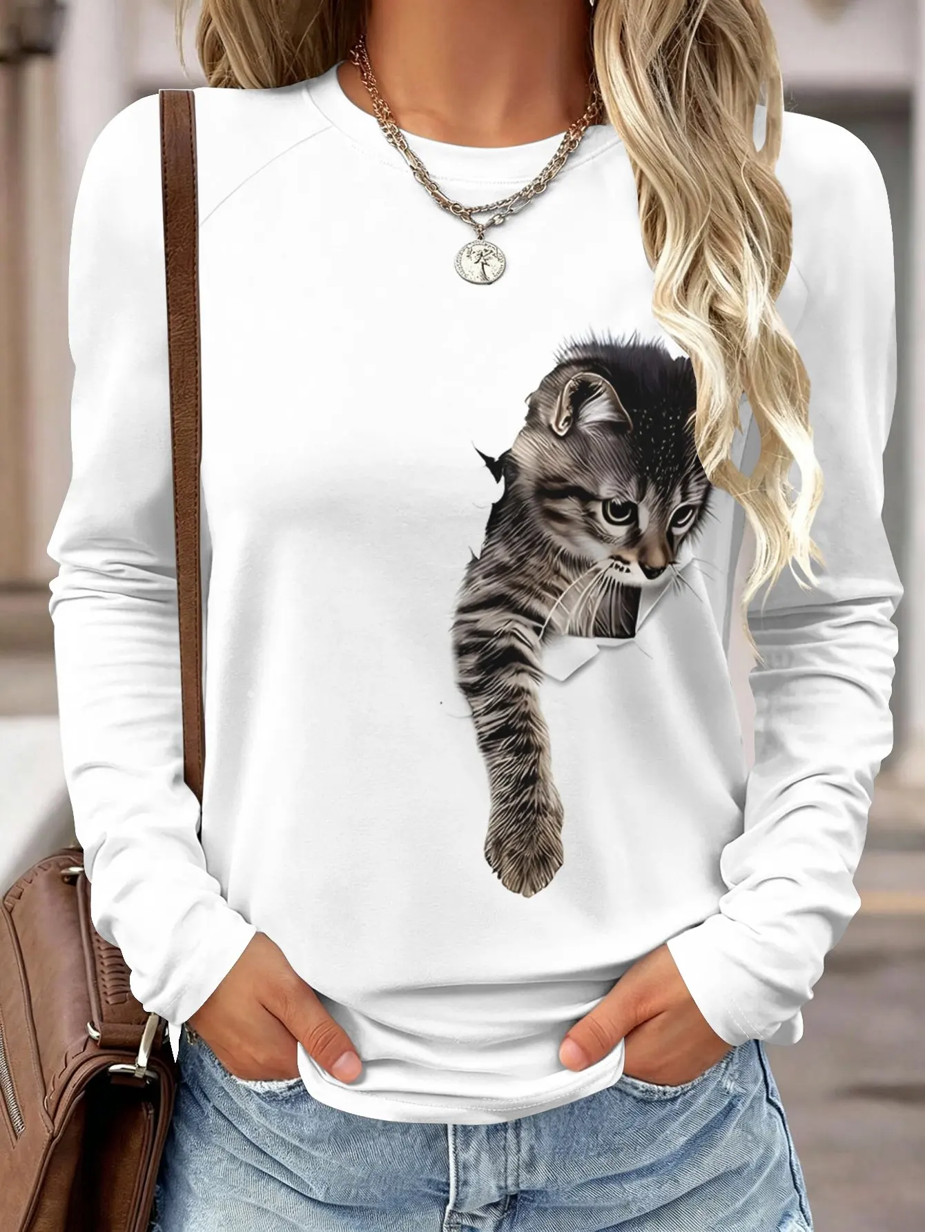 Camisa de manga comprida para mulher, com bolso, estampa 3D de gato, gola redonda, corte raglan, ideal para o outono, roupa casual feminina.