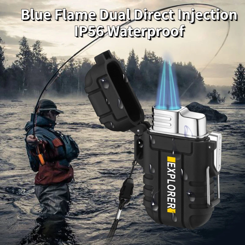 New Men's Metal Self-contained Shell Outdoor Camping Long-term Sealed Waterproof Blue Flame Cigar Windproof Direct Plug Lighter