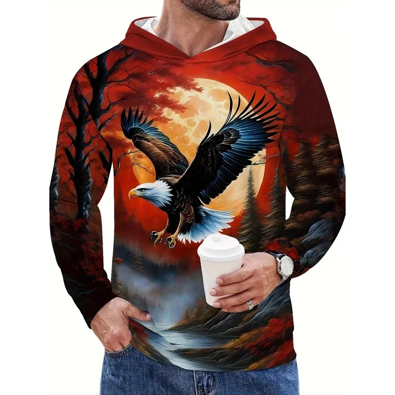 3D Full Print Eagle Hoodie Men Bald Eagle Red Moon Forest Wilderness Scenery Drawstring Loose Casual Hooded Sweat Top