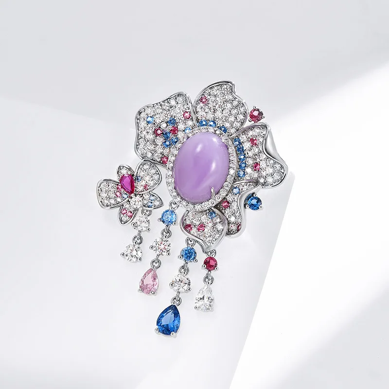 Chinese Style Auspicious Lucky Purple Flower Brooch Shiny Cubic Zirconia Tassel Butterfly Brooch For Women Daily Work Party Wedd