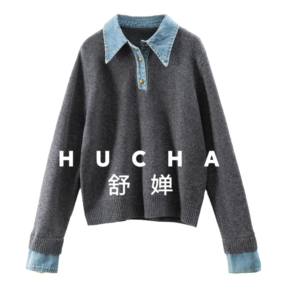 

Fashionable Effortless French Splicing Denim 100 Wool Shirt Collar Fake Two Sweaters Female Pullover 29I0