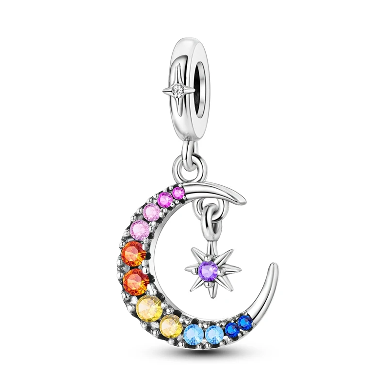 

925 Sterling Silver Colorful Stars And Moon Charms Pendant Fit 3mm Original Bracelet DIY Women Exquisite Party Jewelry Gifts