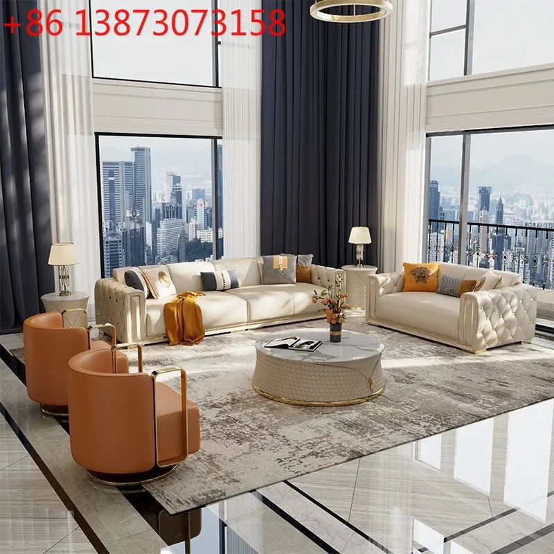 

Italian light luxury leather sofa living room, buckle adjustable large apartment villa functional leather sofa