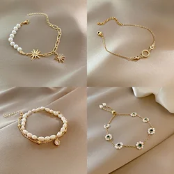 New Korean Pearl Bracelet For Women Butterfly Round Flower Charm Gold Color Chain Bangle Girls Fashion Unusual Jewelry