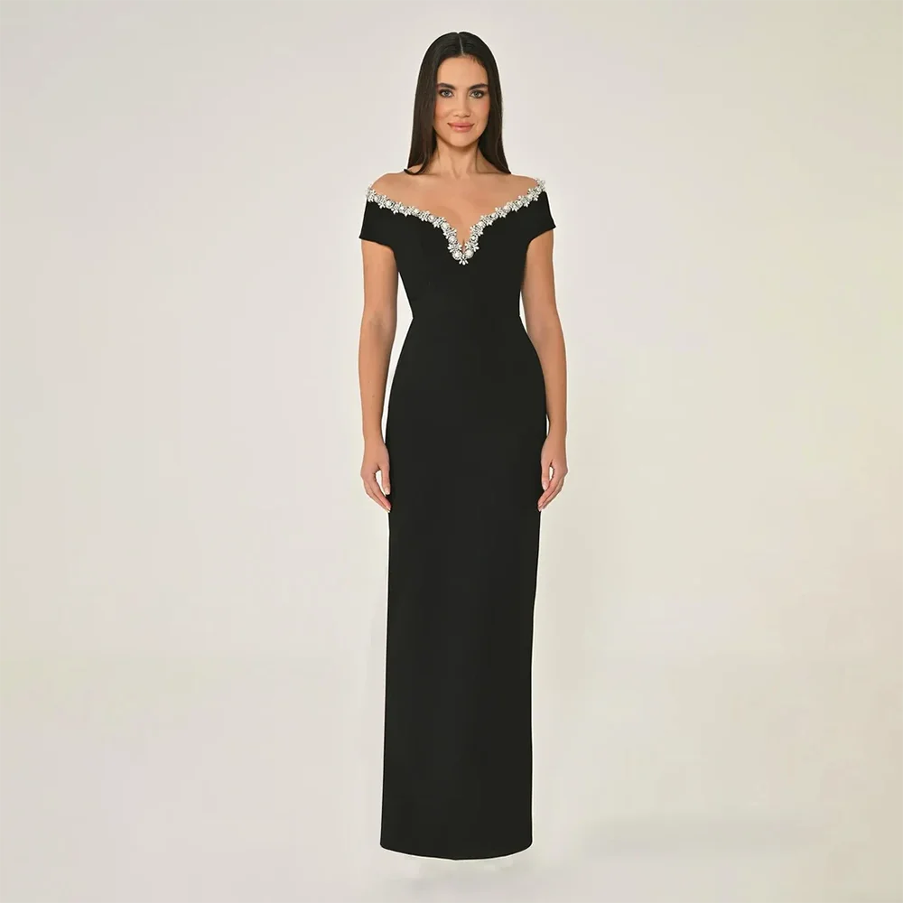 

Black Off Shoulder Prom Dress Jersey Crystal Straight Evening Gowns Slit Back Floor Length Women's Formal Party Dress Customized