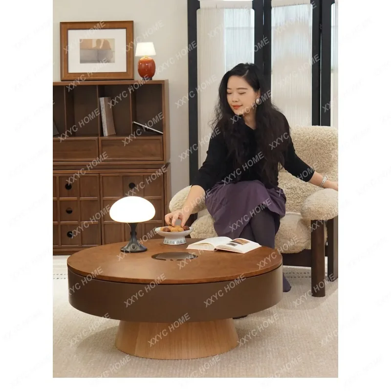 JYGMedieval solid wood tea table, living room storage rotating round coffee table  FT