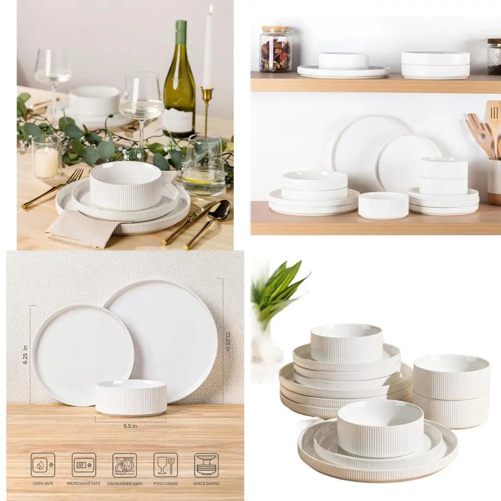 

Набор фарфоровой посуды из 12 предметов, легкий и устойчивый к царапинам, подходит для духовки, микроволновой печи и посудомоечной машины, ярко-белый