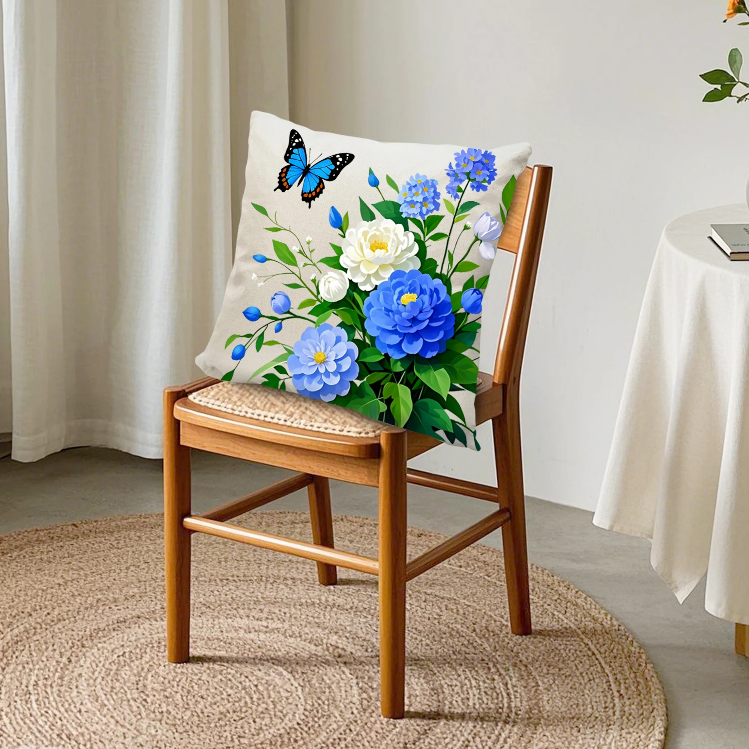 Blue Hydrangea Floral Cushion Cover Butterfly Botanical Throw Pillowcase Spring Garden Cottagecore Decor Living Room Sofa Couch