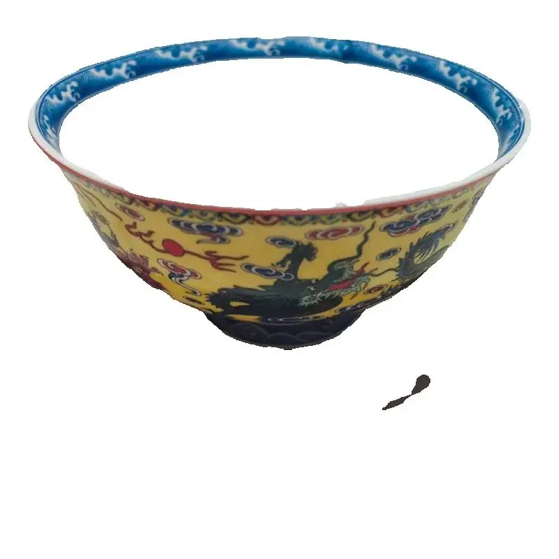 Chinese Old Porcelain Bowl with Dragon Pattern on Pink & Yellow Background Vintage Oriental Kitchenware for Home Use