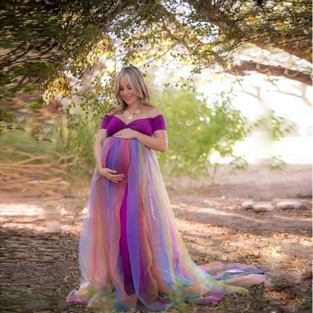 

Maternity Photoshoot Dress Rainbow Flowy Pregnancy Clothing Gown Pregnant Women's Photography Elegant Long Dresses Baby Shower