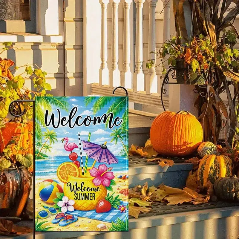Welcome Summer Garden Flag 12x18 Inch, Tropical Beach Welcome Garden Flag, Flamingo Pineapple Drink Summer Outdoor Yard Lawn jjp