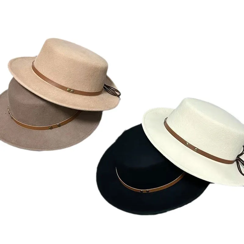 

Hat Female Autumn And Winter All-match Fashion Flat Top White Wool Cap Flat Brim British Velvet Band Flat-top Cap Make Face