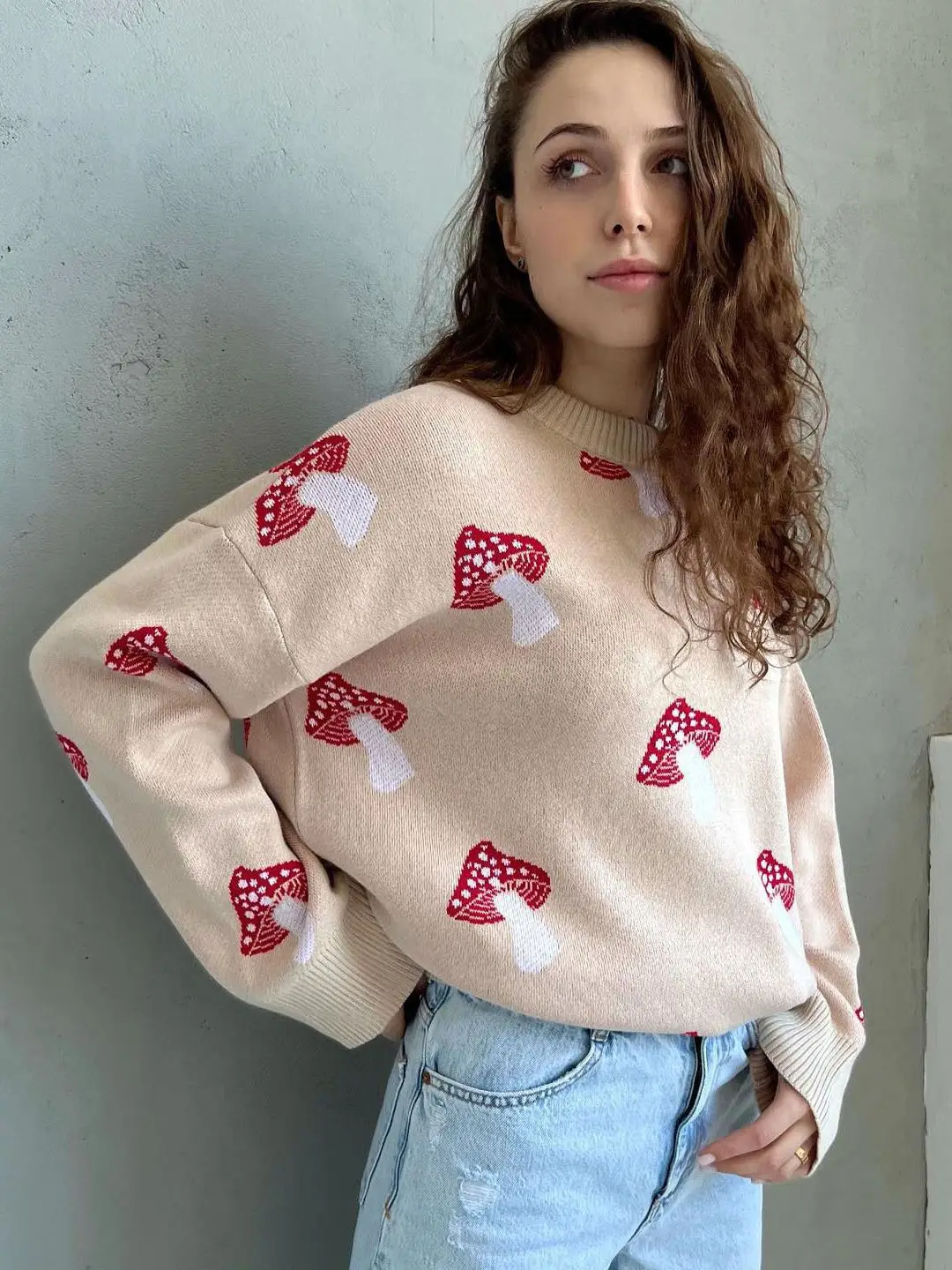 Autumn Fashion Print Knitted Pullovers for Women Loose-fitting Long Sleeve Casual Sweater Warm Christmas Winter Clothing 2023