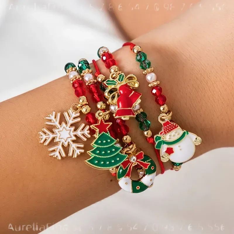 5 Pcs Adjustable Knitted Bracelets for Women with Santa Snowflake Tree Bell Charms Cute Cartoon Wristbands Daily Wear