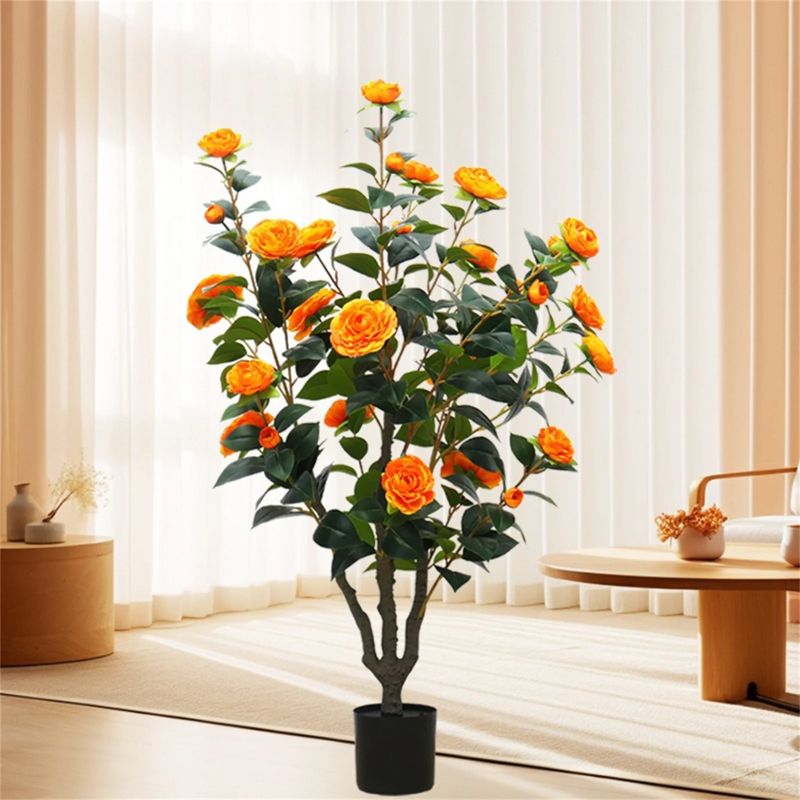 3.28 Feet Camellia Artificial Plants With Planter,Realistic Faux Floral Plant Blooming Tree With 28 Flowers Floor Plants