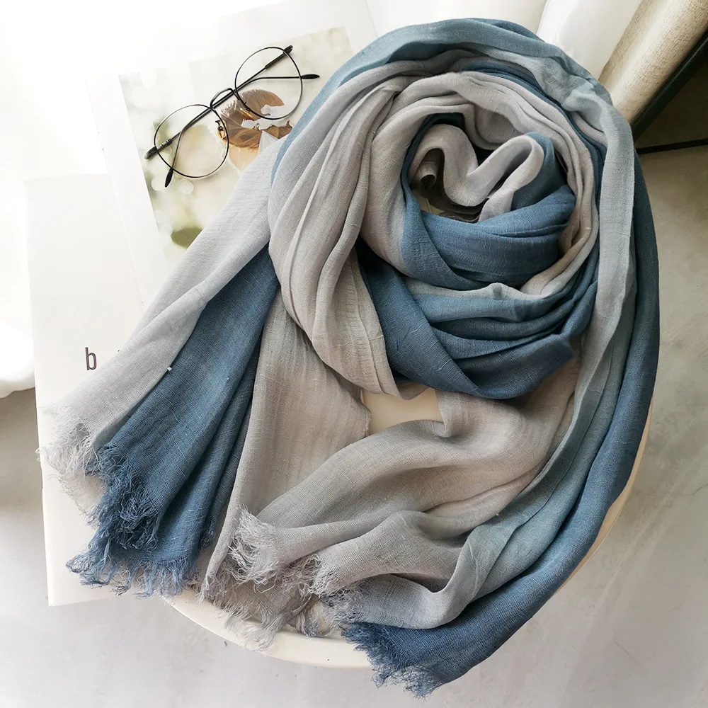 Japanische Art Unisex Baumwolle Leinen Schal Farbverlauf Farbe Herbst Winter lange weiche Schals und Wraps Dame kurze Quaste Bufanda